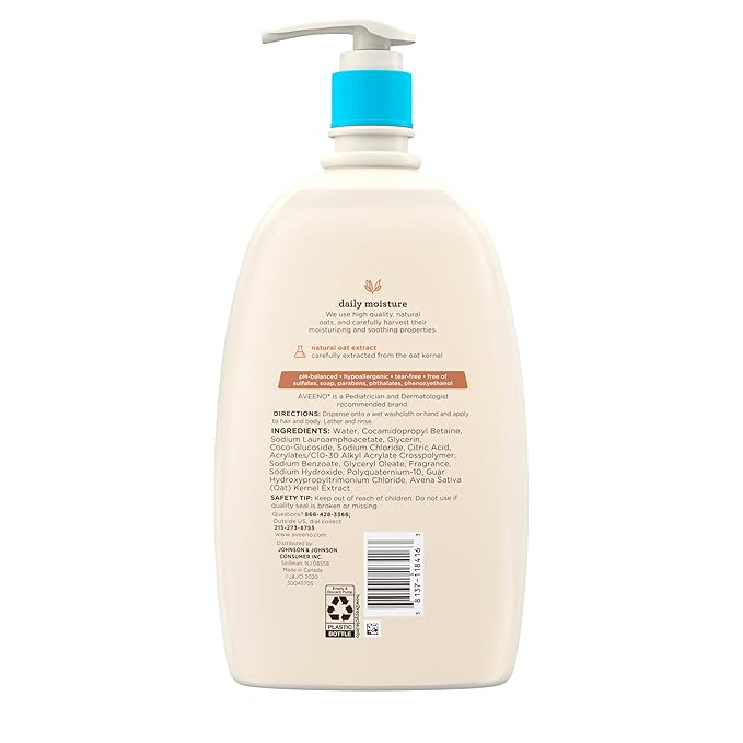 Aveeno Baby Daily Moisture Body Wash & Shampoo with Natural Oat Extract, Hypoallergenic, Tear-Free, Paraben-Free, pH-Balanced Formula For Sensitive Hair & Skin, 33 fl oz-CubbioJoy