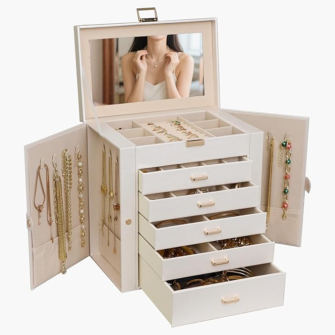 BOOVO Jewelry Box For women, 6 Layer Large Jewelry Organizer With Mirror, Multi-Function Storage Box With Lock, Necklace Holder With 5 Drawers, For Earrings Necklace Bracelet (Pearl White and Gold)-CubbioJoy