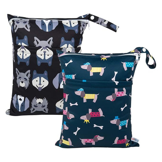 ALVABABY 2pcs Cloth Diaper Wet Dry Bags Waterproof Reusable with Two Zippered Pockets Travel Beach Pool Daycare Soiled Baby Items Yoga Gym Bag for Swimsuits or Wet Clothes L93107-CubbioJoy