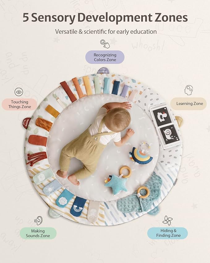 Blissful Diary Baby Play Gym & Activity Mat, 5 Developmental Zones Wooden Tummy Time Mat with 5 Detachable Sensory Toys for Motor Skills & Sensory Development, Baby Essentials Shower Gift-CubbioJoy