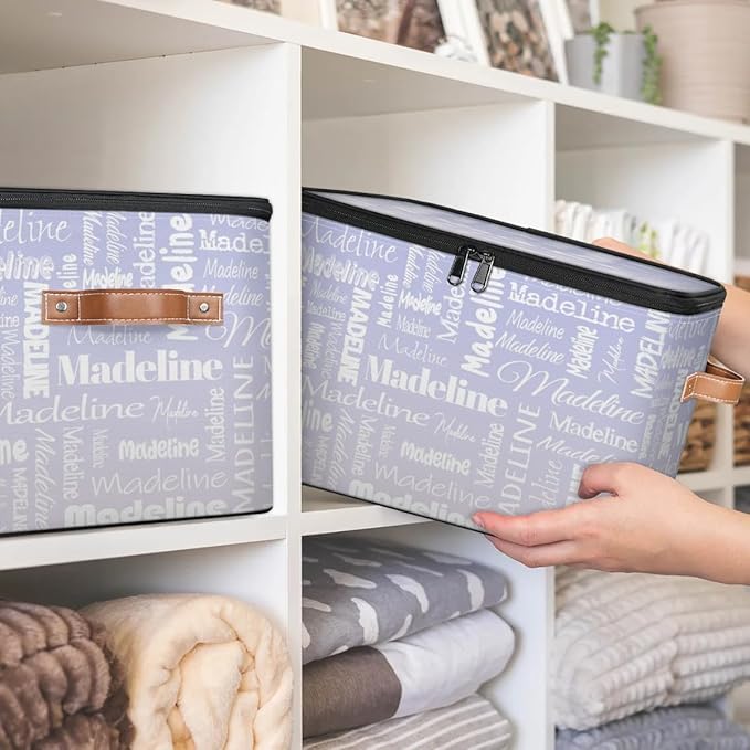 Custom Storage Basket with Name, Personalized Storage Bins with Zipper Lid, Foldable Fabric Storage Box Large capacity with Handle Purple White-CubbioJoy