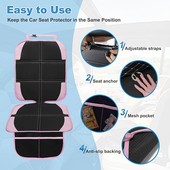 Child Car Seat Protector, 2 Pack with Mesh Pockets & Non-Slip Backing, 600D Durable (Pink, Standard)-CubbioJoy
