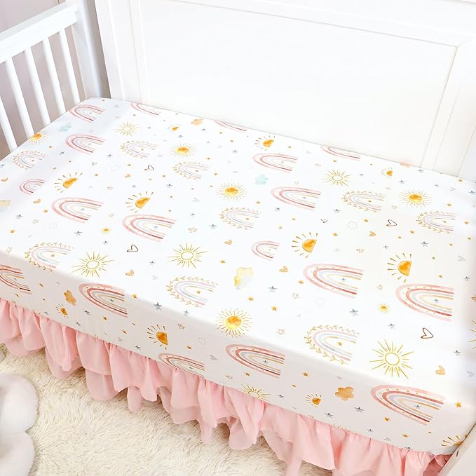 4-Piece Crib Bedding Set for Girls, Includes Comforter, Fitted Crib Sheet, Crib Skirt, and Diaper Stacker, Pink Rainbow-CubbioJoy