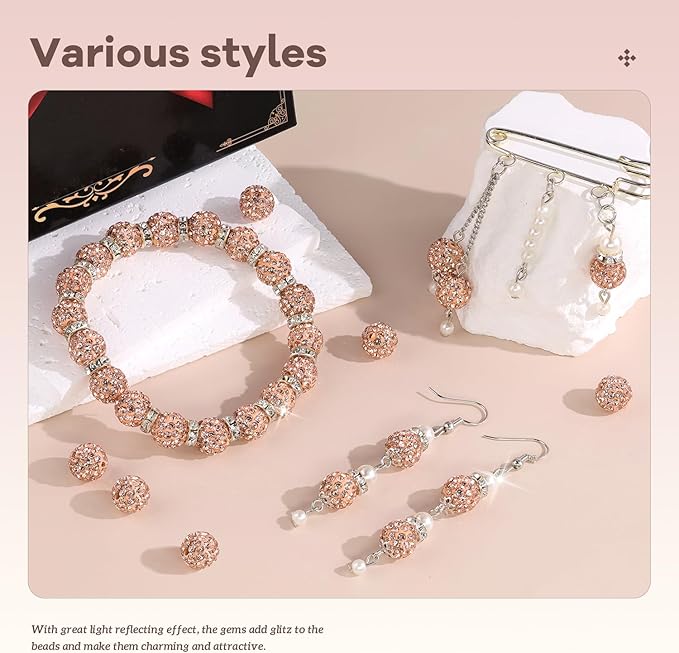 160pcs 10mm Rhinestone Beads for Jewelry Making, Light Peach Shiny Round Disco Ball Beads Bulk, Sparkle Crystal Clay Christmas for Bracelet Baseball Necklace Earring Crafting and DIY-CubbioJoy