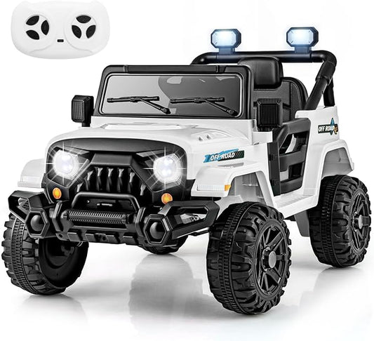 Costzon 12V Kids Ride on Truck Car, Electric Vehicle w/Remote Control, Threaded Wheels, 3 Speeds, LED Lights, Music, Horn & Wireless Connection, Battery Powered Ride on Toy for Boys & Girls 3+ (White)-CubbioJoy