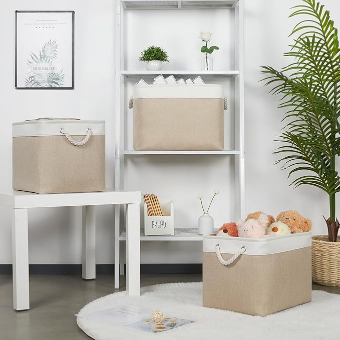 Bidtakay Large Storage Baskets for Organizing Fabric Closet Organizers Storage Bins with Handles 3-Pack 16x11.8x11.8 Inch Collapsible Baskets for Shelves Clothes Home Organization L-White&Beige-CubbioJoy