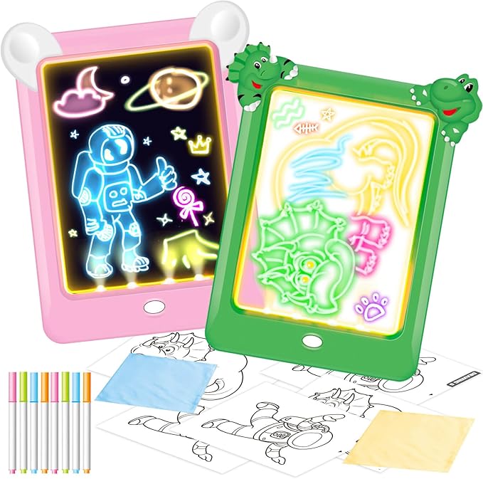2 Pack Magic Led Drawing Boards for Kids: Light Up Tracing Pad, 8 Light Modes, Drawing Pads for Kids Ages 4-8 with Tracing Cards Markers, Arts Crafts Learning Toy Ideal Gift Toy for Boys Girls-CubbioJoy