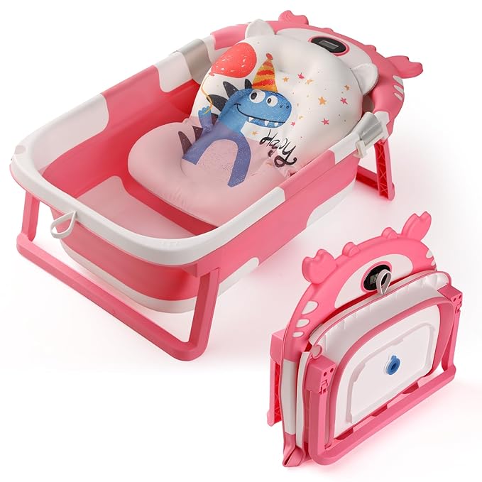 Baby Bathtub,Collapsible Baby Bath Tub with Thermometer & Soft Floating Cushion,Portable Travel Baby Bathtubs for Newborns to Toddlers 0-36 Months(Crab Pink)-CubbioJoy