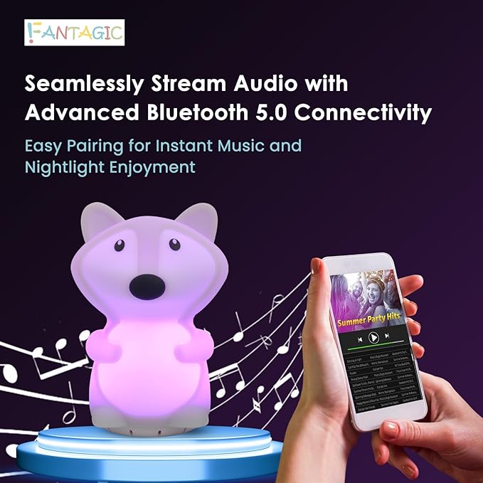 Combined Bluetooth Speaker & Nightlight With 9 Color Emissions, Child Friendly Silicone & BPA Free, USB Recharging, Receives Audio From Computer, Phone Or Tablet, and includes Remote Control (Fox)-CubbioJoy