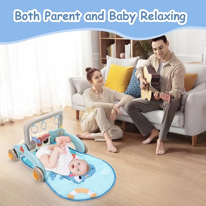 2 in 1 Baby Play Gym with Walker for Newborn, Baby Play Mat Activity Gym with 4 Infant Learning Sensory Tummy Time Mat for Infant Christmas Gifts Adjustable Height (Blue)-CubbioJoy