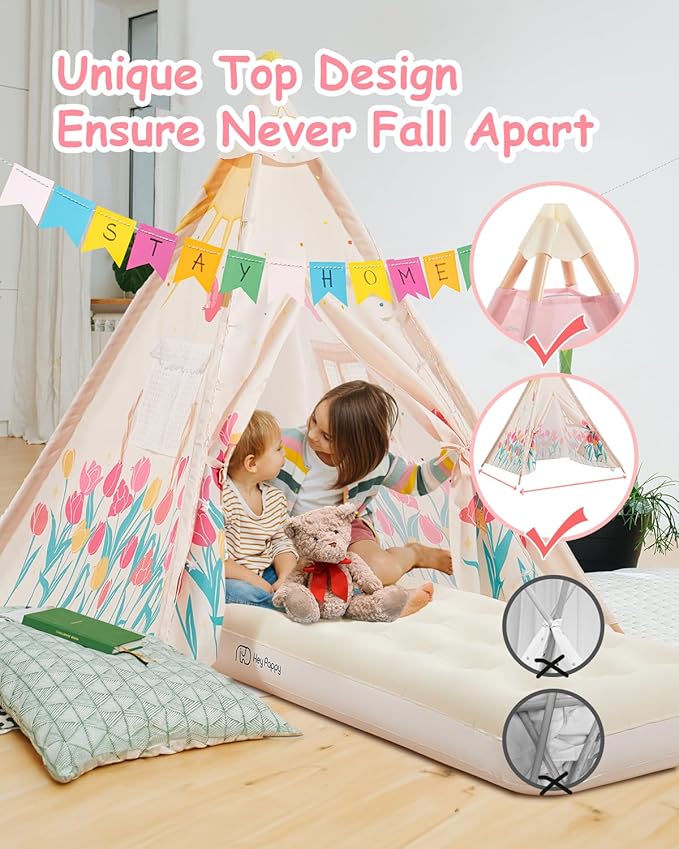 6 Pack Teepee Tent for Kids with Inflatable Airbed, Light, Toddler Tent Children Room Tents, Slumber Party Sleepover Tents, Indoor Outdoor Kids Playtent Playhouse for Girls & Boys-CubbioJoy