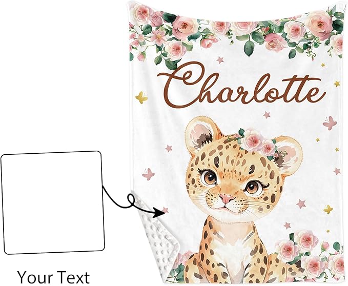 Custom Nursery Crib Bedding Set: Personalized Name 4 Piece Floral Leopard Design Baby Crib Sets for Girls - Toddler Double Layer Blanket Set, Comfortable Crib Bed Sheets for Baby Toddlers-CubbioJoy