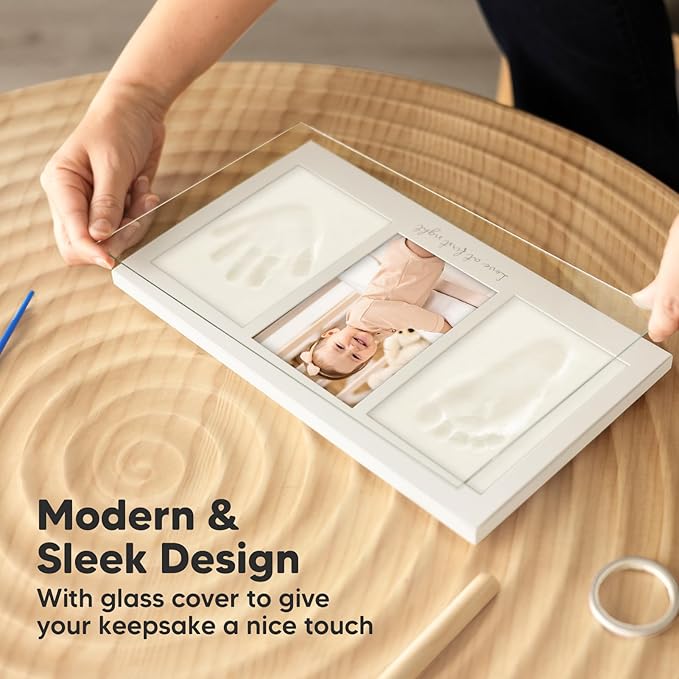 Baby Hand and Footprint Kit - Clay Handprint Keepsake Frame, Newborn Nursery Picture Frame, Personalized New Mom Gifts for Baby Shower & Registry (Vintage White)-CubbioJoy