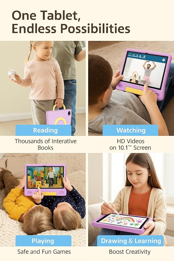 10.1 Inch Kids Tablet with Shockproof Case | Android 14, 64GB+8GB RAM, 12H Battery | Parental Control, Google Kids Space & Preloaded Educational Apps | WiFi 6, HD Display, Ages 3-12-CubbioJoy