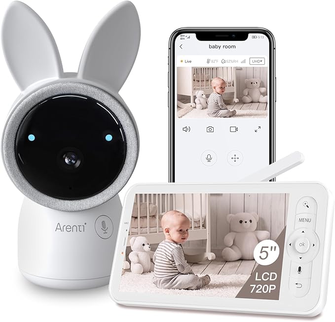 ARENTI Baby Monitor, 2K Video Baby Camera with 5-Inch Upgraded Wireless Display, Super Night Vision, Lullabies, Cry & Motion Detection, Temp & Humidity Sensor, Two Way Audio-CubbioJoy