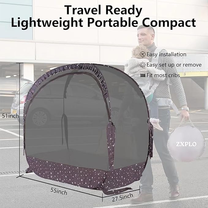 Baby Safety Crib Tent Infant Pop up Mosquito Net Nursery Bed Canopy Netting Cover - Keep Baby from Climbing Out with Hanging Diaper Storage Bag (Dark Gray)-CubbioJoy