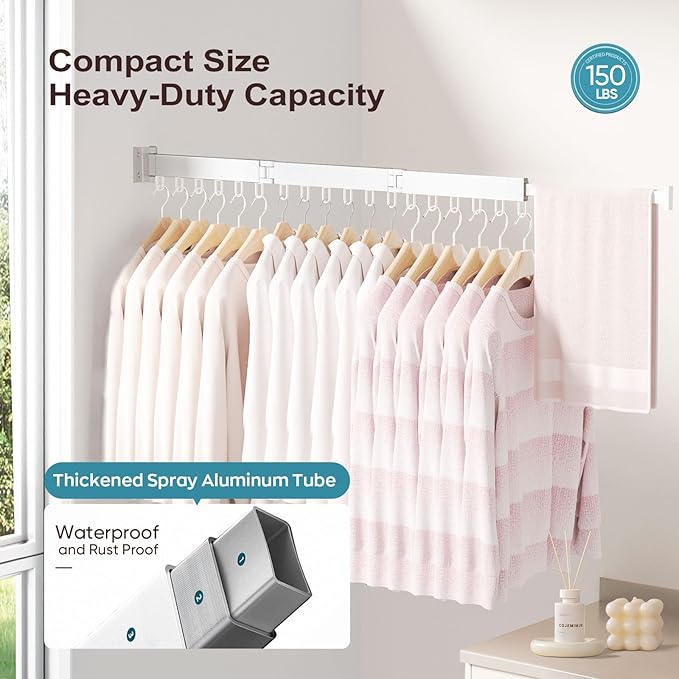 JAUREE Clothes Drying Rack Wall Mounted, Laundry Drying Rack Collapsible, Space Saving Wall Drying Rack Clothing Foldable, Tri-Fold Retractable Rack Outdoor Indoor with 18 Hooks, White-CubbioJoy