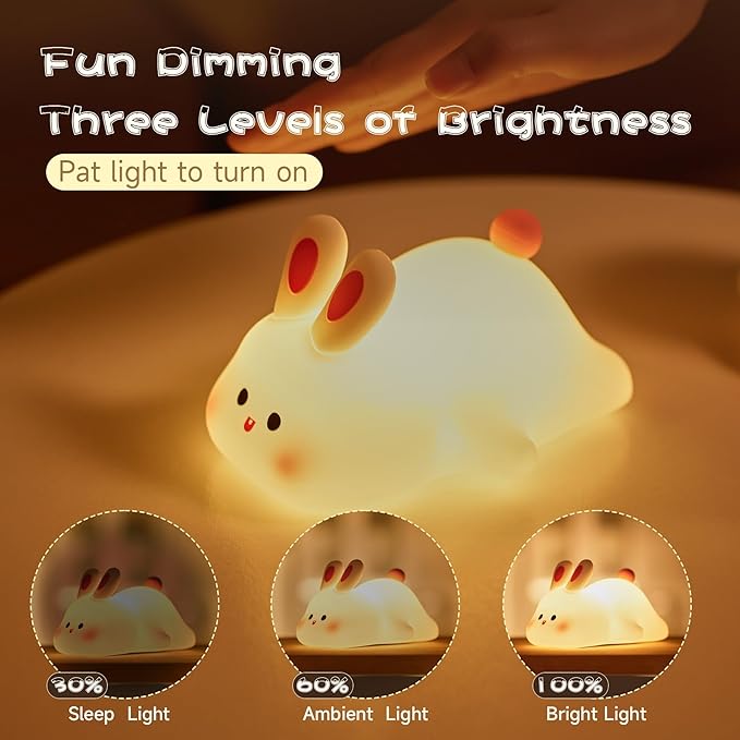 Big Face Rabbit Night Light, Adorable LED Bunny Night Lamp, Silicone Dimmable Nursery Nightlight for Girls, Silicone Rechargeable Bedside Touch Night Lights for Easter Decor-CubbioJoy