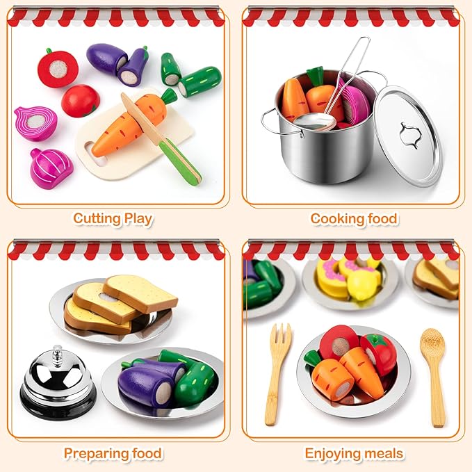 Juboury Pretend Play Kitchen Set - Toy Kitchen Accessories with Stainless Steel Cookware Pots and Pans, Plates, Cooking Utensils, Kids Chef Coat & Hat, Wooden Play Food for Kids, Girls, Boys, Toddlers-CubbioJoy