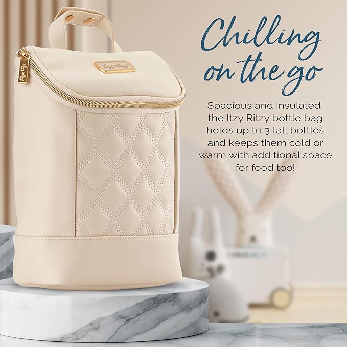 Itzy Ritzy Insulated Bottle Bag – Keeps Bottles Warm or Cool - Holds 3 Bottles & Features Interior Pocket for Ice Pack (Not Included), Milk & Honey-CubbioJoy