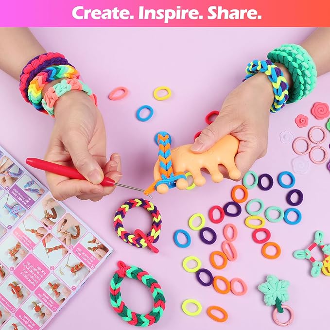IQBOX Bracelet Making Kit Arts and Crafts for Girls Ages 8-12, Weaving Loom Rainbow Bands DIY Toys Birthday Gifts for Kids 6 7 9 10 11 13 Year Old, 1000+ Elastic Cloth Rubber Band Fabric Loops-CubbioJoy