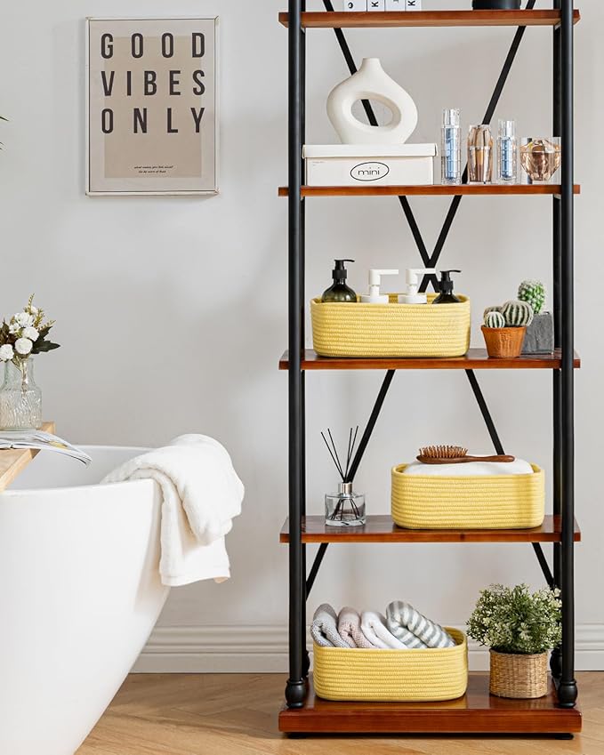 KALLAX Small Woven Basket, 12 x 8 x 4.5 Inches, Storage Basket for Organizing, Cute Small Rope Shelf Closet Cube Storage Bins Baskets for Shelves, Dog Toy Gift Baskets Empty, 3 Pack Yellow-CubbioJoy