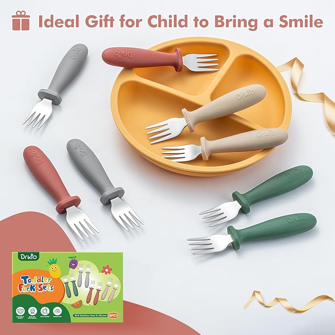 DRKIO 8 Pieces Toddler Forks Set - Baby Forks with Silicone Handle Children safe 18/8 Stainless Steel Toddler Utensils Set for Self Feeding Kids Silverware Anti-Choke Design Food Grade Dishwasher Safe-CubbioJoy