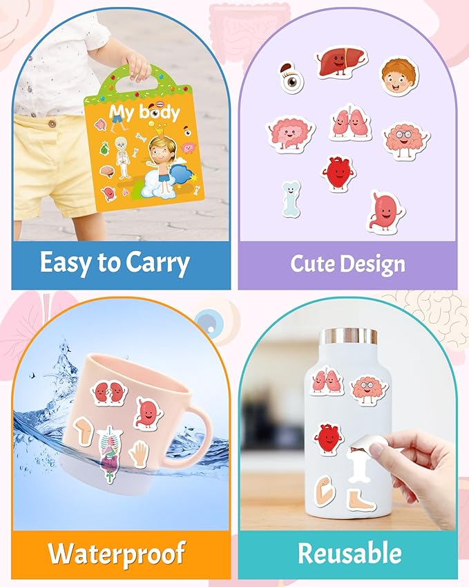 Benresive Reusable Sticker Book for Toddlers 2-4 Years, Fun Travel Stickers for Kids, Waterproof Sticker Books for Toddlers 1-3, Crafts Activities for Todddlers 1-3 2-4 3-5 - My Body-CubbioJoy
