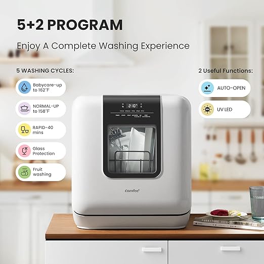 COMFEE' Countertop Dishwasher, Portable Dishwasher with 6L Built-in Water Tank, Mini Dishwasher with More Space Inside, 7 Programs, UV Hygiene& Auto Door Open, for Apartments, Dorms& RVs, White-CubbioJoy