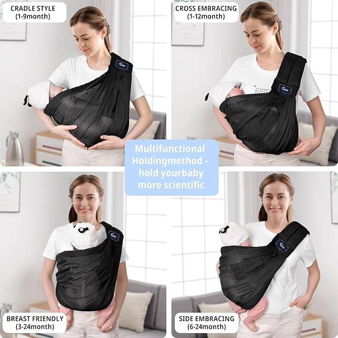 CUBY Mesh Baby Sling Carrier, Breathable Lightweight Baby Wraps Sling with Adjustable Strap Storage Bag- Easy to Wearing Front Baby Slings for Newborn Infant Toddler Carry Up to 40lbs (Black Mesh)-CubbioJoy