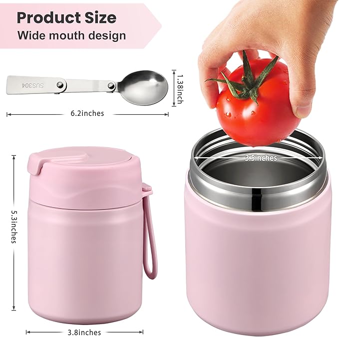 17oz Soup Thermo for Hot Food Kids,Insulated Food Jar with Spoon,Thermo Hot Food Lunch Container,Wide Mouth Leakproof Stainless Steel Lunch Box for School-Pink-CubbioJoy
