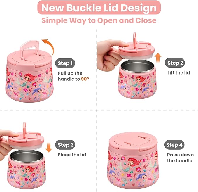 14oz Insulated Vacuum Food Jar with Buckle Lid,Soup Thermo for Hot Food Kids,Wide Mouth Leakproof Stainless Steel Lunch Container with Spoon-Mermaid-CubbioJoy