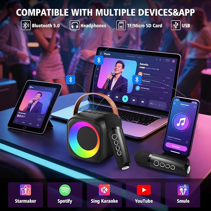 Karaoke Machine for Kids Adults, Portable Bluetooth Speaker with 2 Wireless Microphones, Portable Speaker Mini Karaoke Microphone for Home Party Birthday Gift for Girls Boys-CubbioJoy
