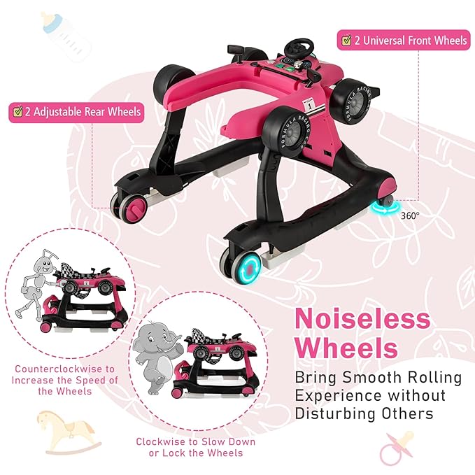 BABY JOY 4-in-1 Baby Walker, Foldable Activity Walker with Adjustable Height & Speed, Music, Lights, Steering Wheel, Comfy Seat Cushion, Activity Baby Push Walker for Boys Girls Aged 6 –18 (Pink)-CubbioJoy