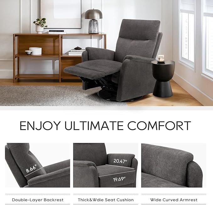COLAMY Swivel Recliner Chair with Footrest, Strong Glide Chair High Back with Double-Layer Cushion, Rocker Recliner for Nursery & Living Room, Bedroom, Charcoal-CubbioJoy