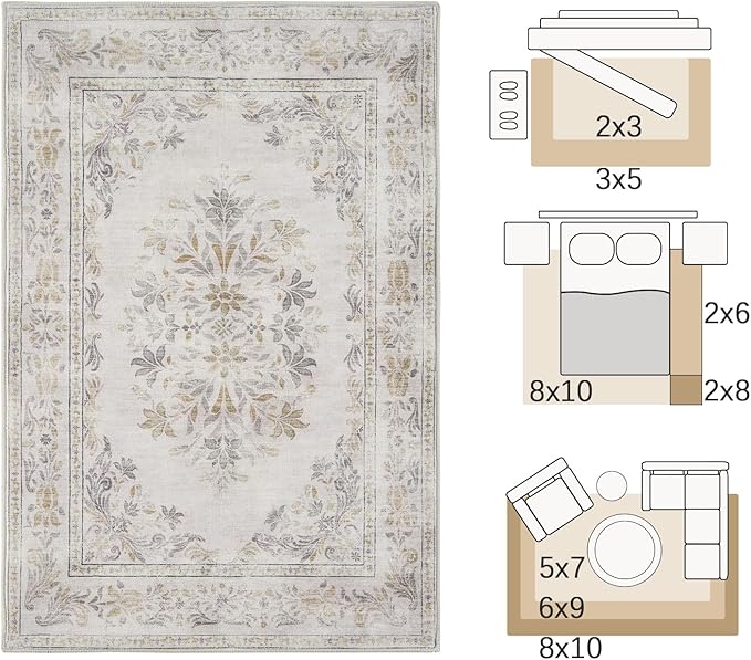 jinchan Hallway Runner Rug 2x8 Vintage Floral Distressed Design - Machine Washable Non-Slip Low-Pile Soft Thin Faux Wool Kitchen Carpet for Farmhouse Bedroom Laundry Room(2x8ft,Light Grey)-CubbioJoy