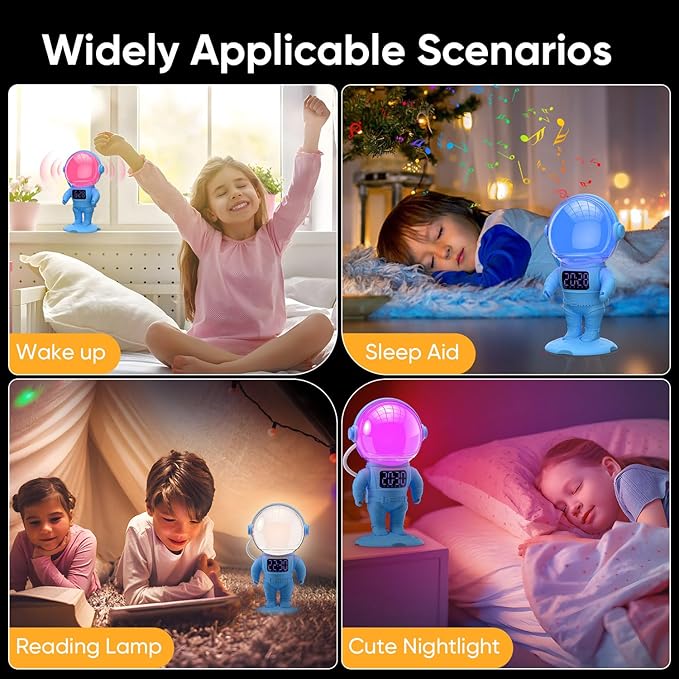 Astronaut Sunrise Alarm Clock for Kids, White Noise Sound Machine with 30 Soothing Sounds, 22 Dimmable Nightlights, Bluetooth Speaker, Dual Digital Alarm Clocks, Wake Up Light for Bedroom, Adults-CubbioJoy