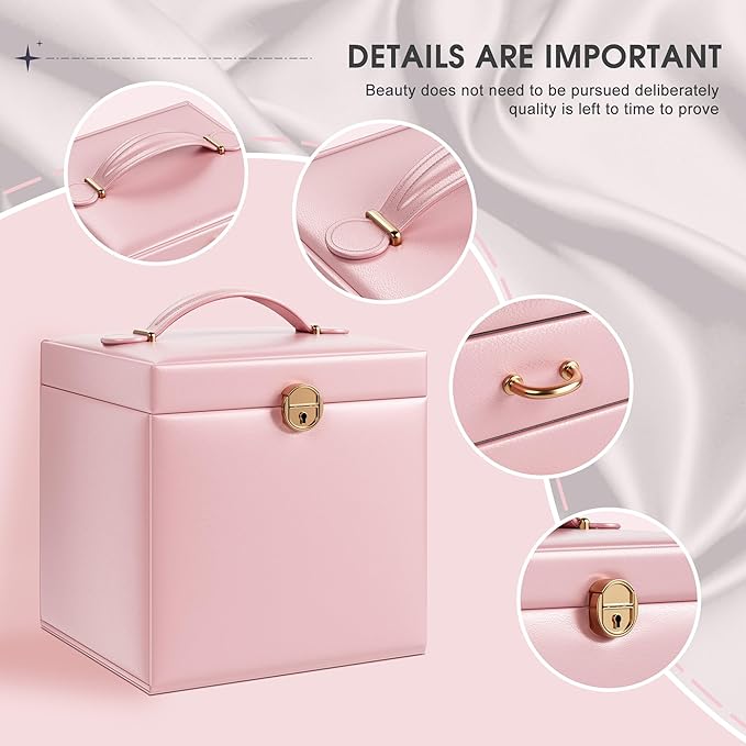 5-Layer Jewelry Box with 4 Drawers, Huge Portable Jewelry Organizer with Lock and Mirror for Women, for Necklace Ring Earring Bracelet Storage, Lockable Jewelry Case, Pink-CubbioJoy