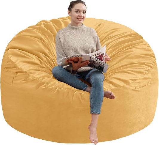 4FT Bean Bag Chair, Large Bean Bag Chairs with Memory Foam Filled, Fluffy Beanbag Sofa with Dutch Velvet Cover, Round BeanBag Chairs for Living Room, Playroom - Mustard-CubbioJoy