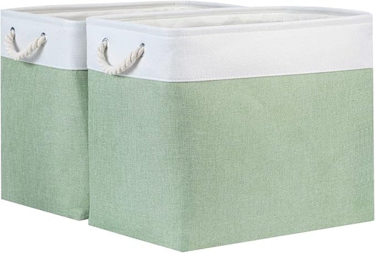 Bidtakay Large Storage Baskets for Nursery Toy Organizer Collapsible Organizing Baskets 17x12x15 In Green Canvas Bins for Organizing Set of 2 Clothes Decorative Baskets for Home Office Room Decor-CubbioJoy