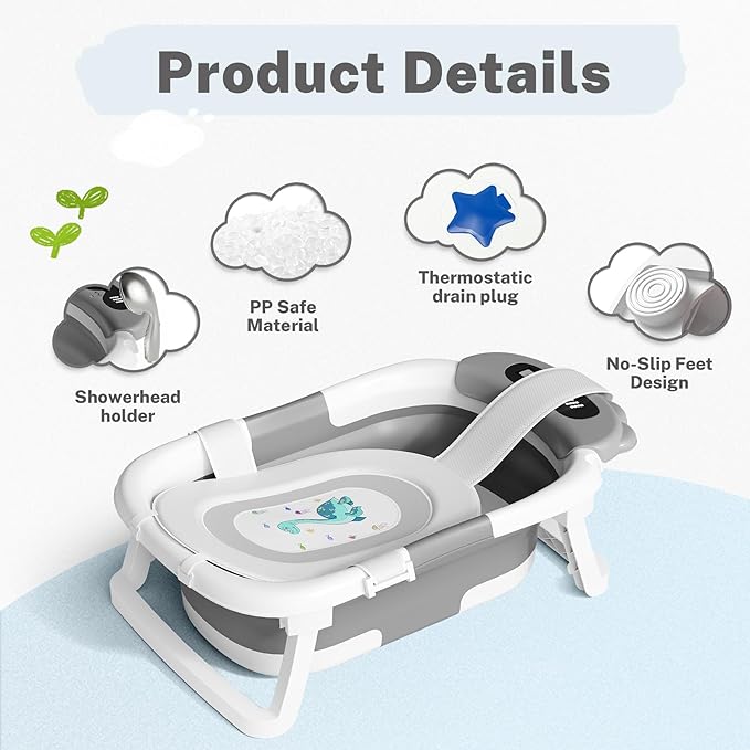 AVIDOR Baby Bathtub,Collapsible Bathtub for Newborn to Toddler,Durable Essential Infant Bath Tub,Portable Travel Baby Tub with Soft Bath Net,No-Slip Feet and Dinosaur Shaped (Grey)-CubbioJoy