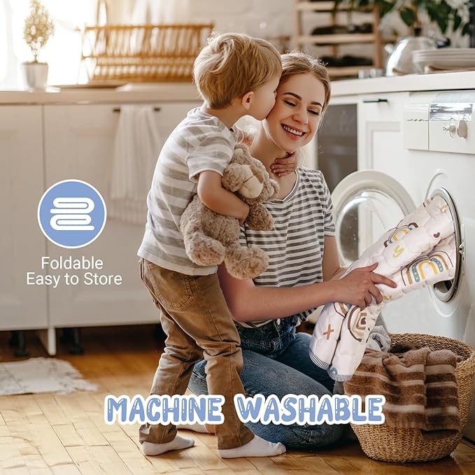 Boho Rainbow Baby Play Mat 50" X 50" Playpen Mat Thicken One-Piece Baby Crawling Mat Non-Slip Cushioned Baby Floor Mat with Lettters, Activity Playmats for Infants, Babies, Toddlers (50X50,Beige)-CubbioJoy