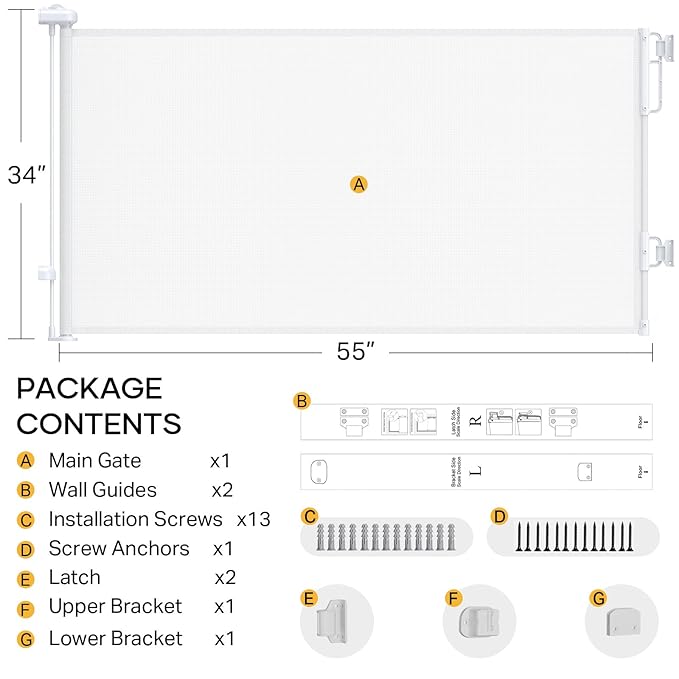 Cumbor 55" Wide Retractable Baby Gates for Stairs, Mom's Choice Award - Mesh Dog Gate for Doorways, Pet Safety Essential Fit for Baseboards, Wide Toddlers Gates for Hallways, Indoor & Outdoor, White-CubbioJoy