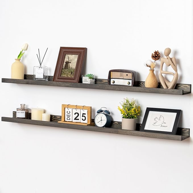 48 Inch Long Floating Shelves for Wall, Solid Pine Wood Picture Ledge Shelves with Lips, Nursery Book Shelves for Toys Storage Living Room Bedroom Photo Frames (2 Pcs, Grey)-CubbioJoy
