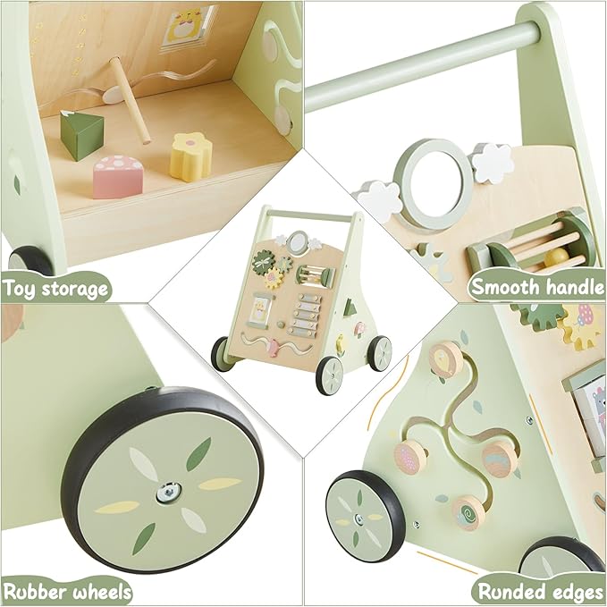 Beright Wooden Baby Walker Push and Pull Learning Activity Walker Kids’ Activity Toy Multiple Activities Center Develops Motor Skills & Stimulates Creativity(Green)-CubbioJoy