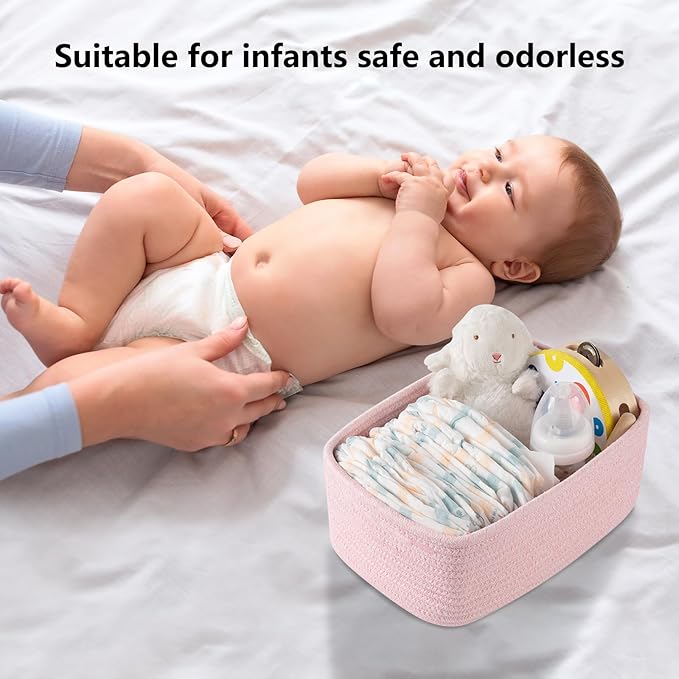 4 Pack Small Storage Shelf Baskets for Organizing, Mini Woven Rope Storage Bins for Towels, Cute Decorative Closet Organizer，Baby Nursery, Gift Empty Baskets -11.81''Lx7.87''Wx4.72''H-Pink-CubbioJoy