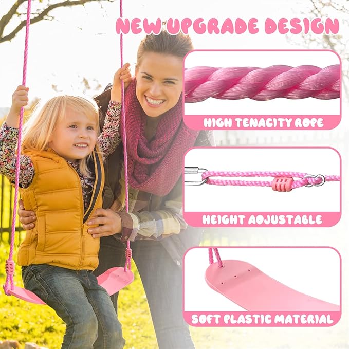 440lbs 2 Seat Kids Swing Sets for Backyard, 1 Saucer Tree Swing 32 inch, 1 Belt Swings, Heavy Duty Metal Swing Stand with Anchors(Pink+Blue)-CubbioJoy