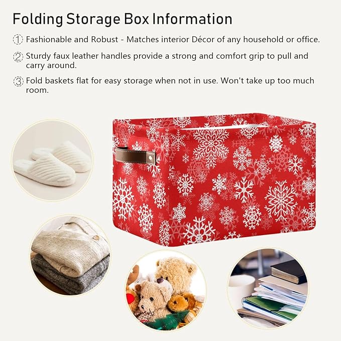 Christmas White Snowflakes on Red Storage Basket Cube Storage Bins Organizer Bag Collapsible Closet Shelf Baskets with handle for Baby Cloth Pet Toy Book 14.2×10.2×8.3 IN-CubbioJoy