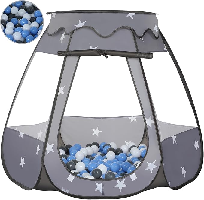 Baby Ball Pit for Toddler with 50 Balls, Kids Pop Up Play Tent for Girls, Princess Toys Gifts for Children Indoor & Outdoor Playhouse (Black: Gray/White/Babyblue, 109x90cm/50 Balls)-CubbioJoy