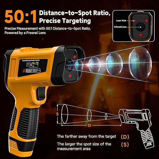 Industrial Infrared Thermometer Gun, 50:1 D:S Ratio, -58°F-3992°F, Triple Laser, High Precision Temp Gun for Kiln, Engine, HVAC, BBQ, Industrial Inspection-CubbioJoy